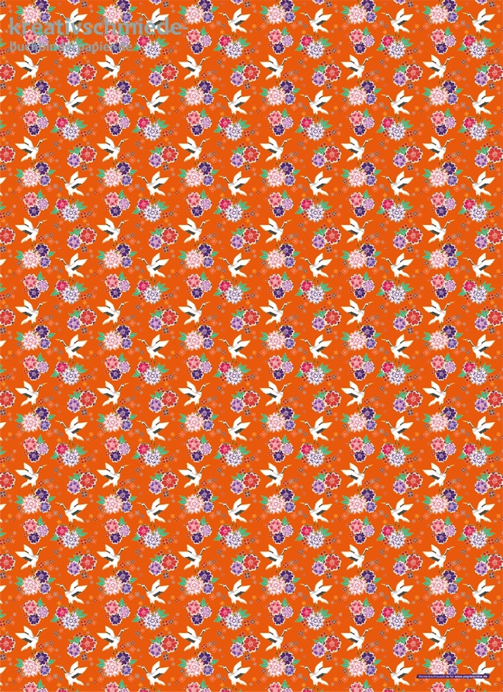 Geschenkpapier Kranich & Blumen auf Orange