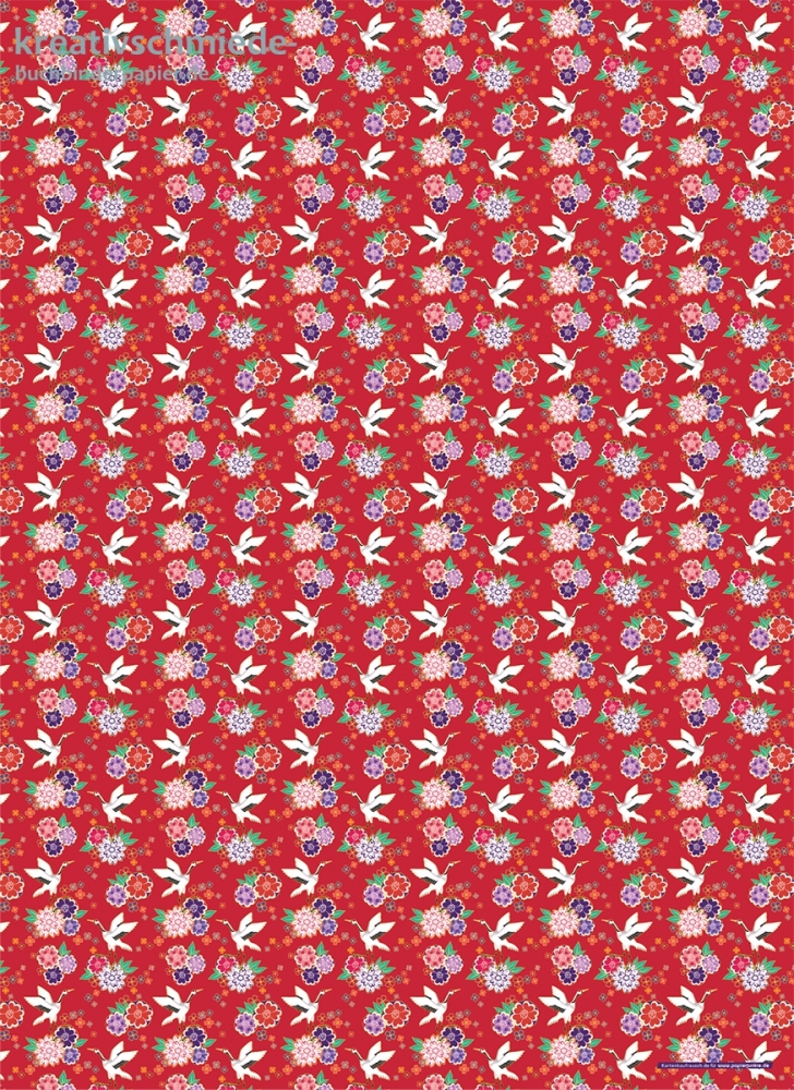 Geschenkpapier Kranich & Blumen auf Rot