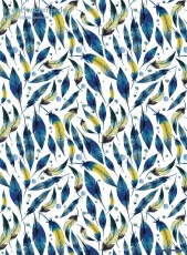 Geschenkpapier Federn, blau/gelb auf Wei